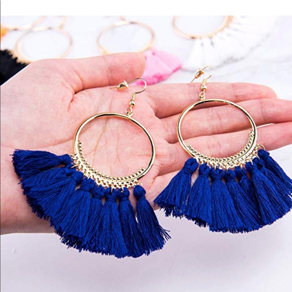 Navy blue tassel hoops earrings - Picture 2 of 6